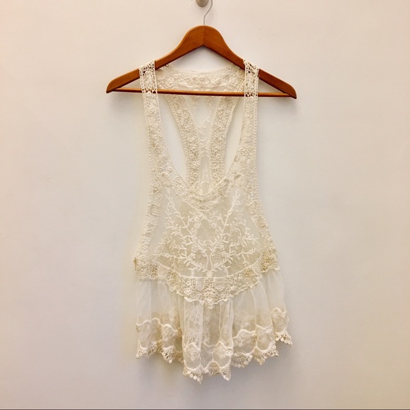 Tops - Ivory Lace Overlay Sleeveless Layering Halter Top